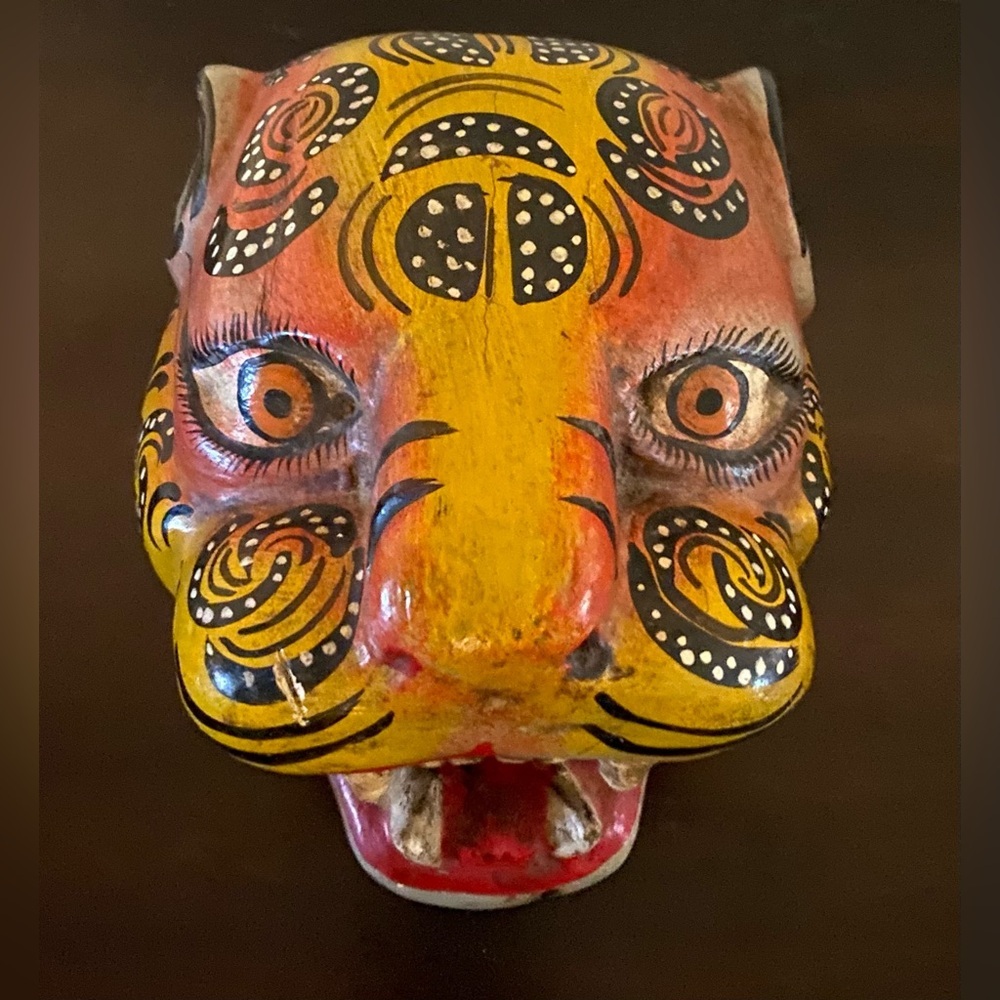 Handcrafted Mexican Folk Art Carved Wood Jaguar Leopard Wall Mask Sculpture